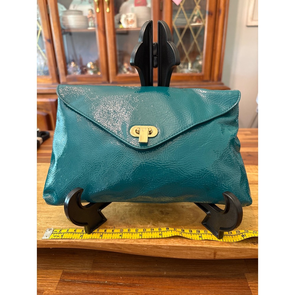 Forever 21 Clutch Bag Women OS Teal Excellent Patent Faux Leather Turn Lock